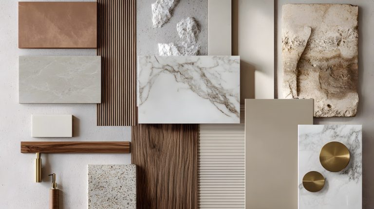 Materialcollage mit Naturstein, Holz, Marmor und strukturierten Oberflächen in Naturtönen.