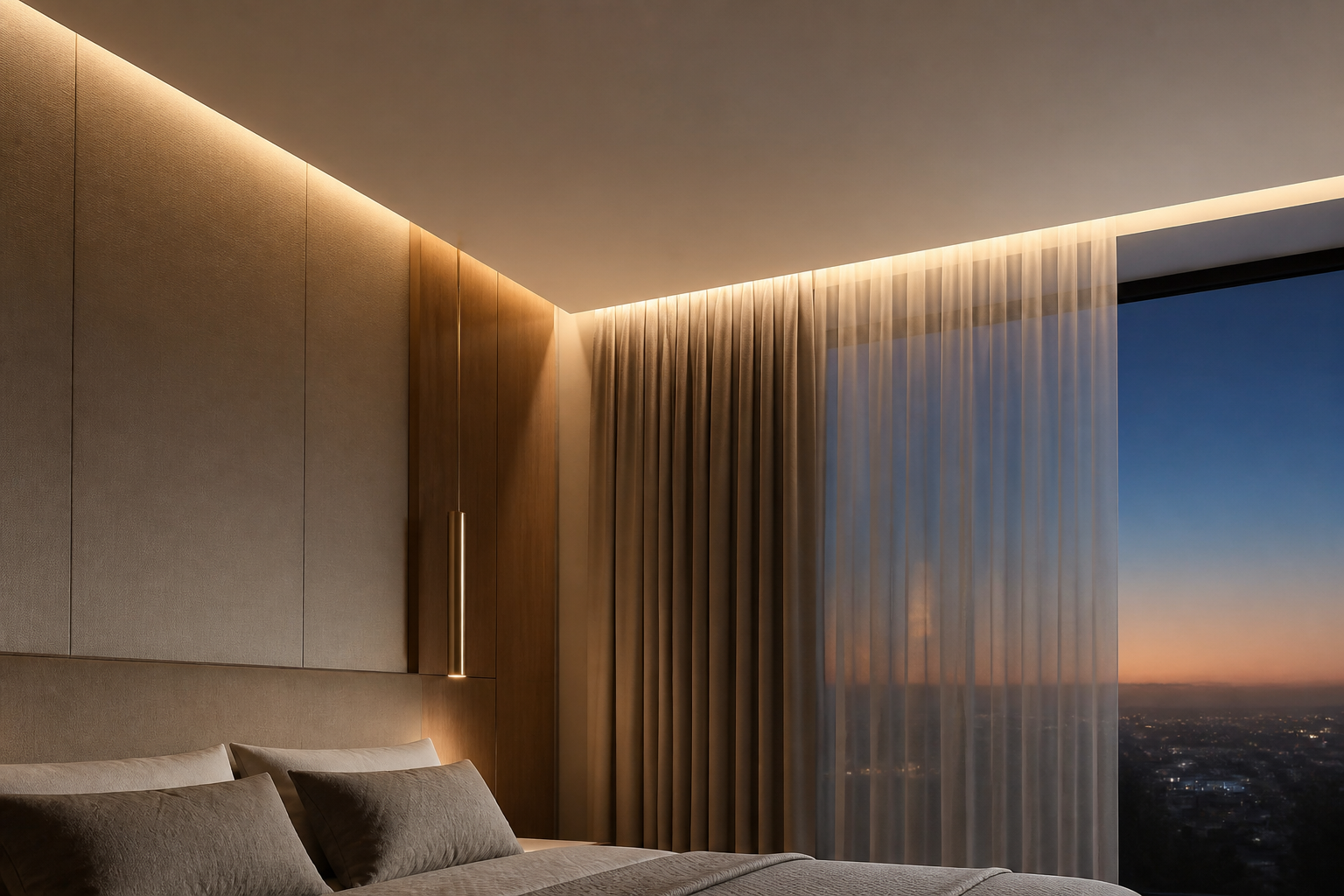 Deckenprofil mit integrierter indirekter LED-Beleuchtung und verdeckter Vorhangschiene
