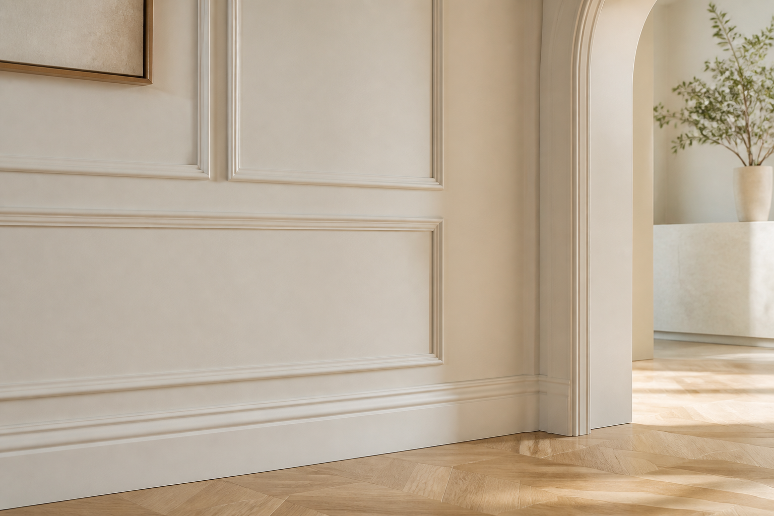 Wandprofile, Sockelleisten und flexible Zierprofile an einem eleganten Rundbogen